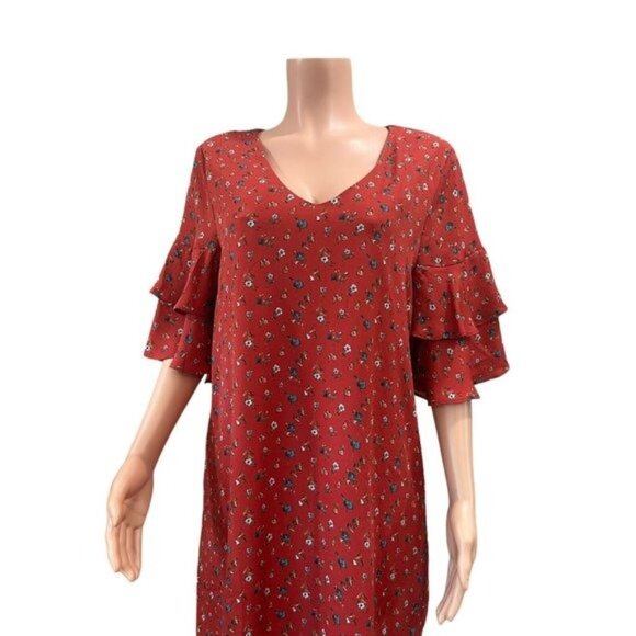 She + Sky Women SZ Large Maroon Floral Multi Mini Dress-Bell Sleeve-Pullover - Picture 2 of 13